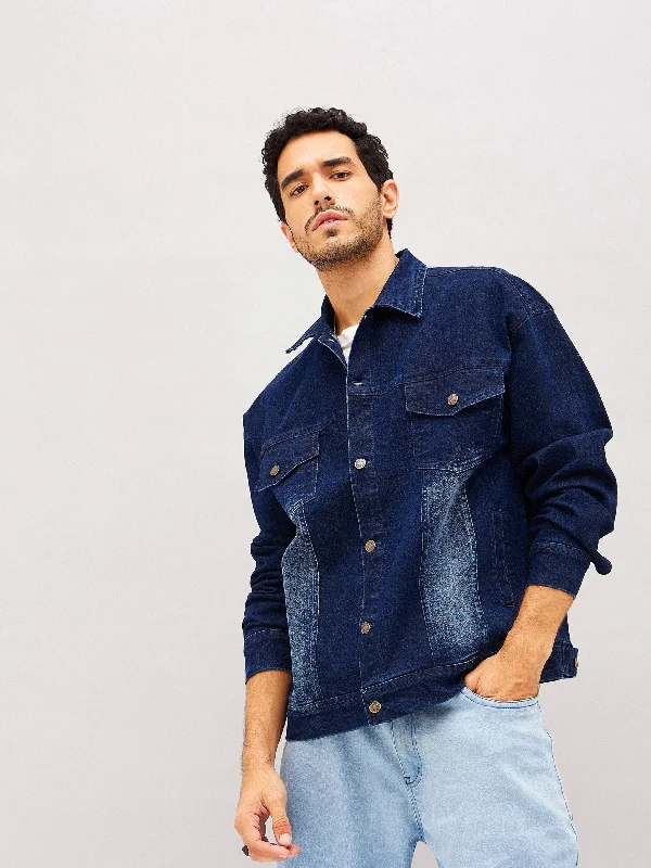 Plus Size Men's Bootcut Jeans with a Belt Loop Upgrade for a Stylish TouchMen Navy Washed Relax Fit Denim Jacket