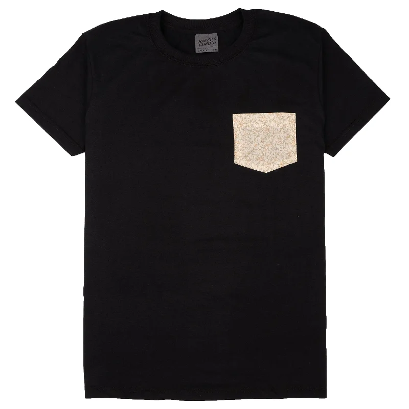 Plus Size Men's Relaxed Fit Jeans with a Faded Wash for a Vintage - Inspired LookPocket Tee - Black- Bell Flowers - Cream Plus Size Men's Relaxed Fit Jeans with a Faded Wash for a Vintage - Inspired LookPocket Tee - Black- Bell Flowers - Cream