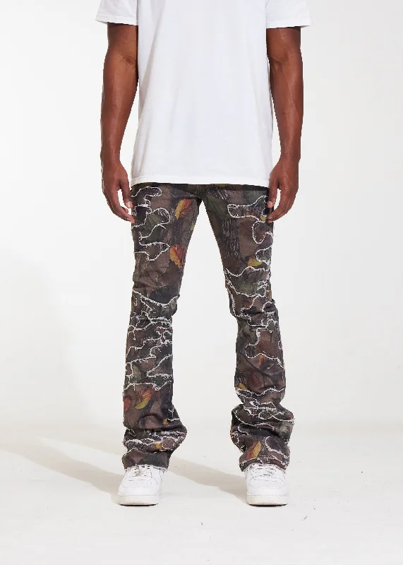 Men's Distressed Jeans with Patches for a Retro and DIY - Inspired AppearanceTimber Stacked Flare Denim