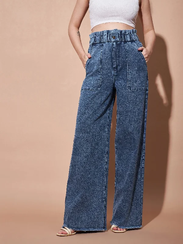 Plus Size Men's Bootcut Jeans with a Relaxed Waist for a Classic and Comfortable FitWomen Blue Paper Bag Waist Straight Jeans