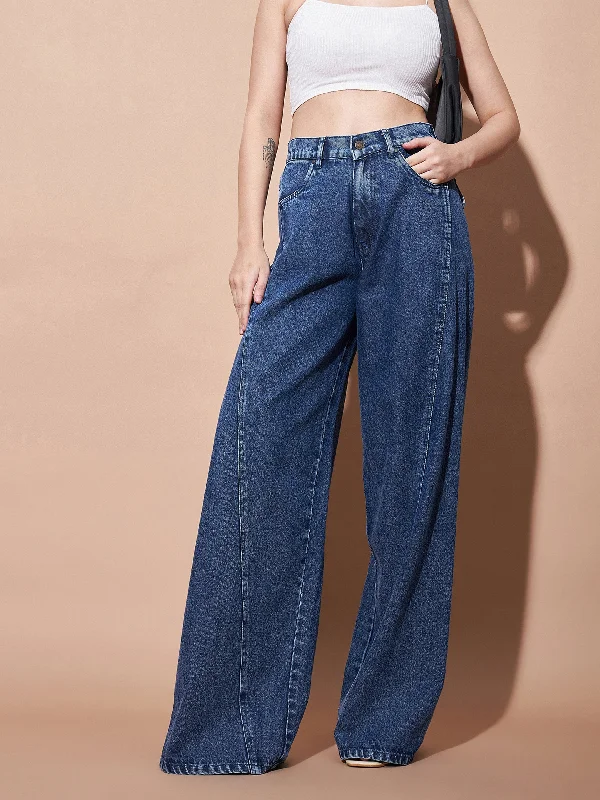 Men's High - Waisted Jeans in a Medium Wash for a Vintage - Style RevivalWomen Blue Seam Detail Wide Leg Jeans Men's High - Waisted Jeans in a Medium Wash for a Vintage - Style RevivalWomen Blue Seam Detail Wide Leg Jeans