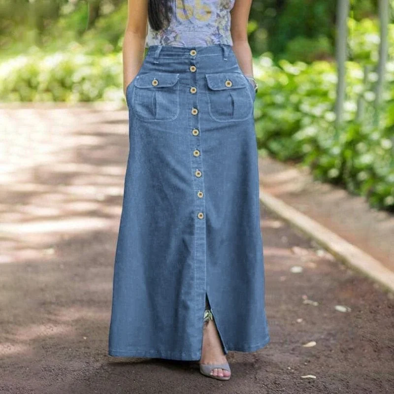 Women's pleated office pants Dark - wash women jeans for a sophisticated and slimming effect Maya Button Front Maxi Skirt