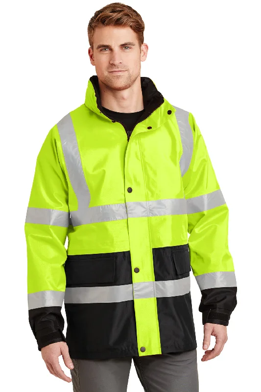 Bomber men jackets with ribbed cuffs for a classic 80s styleCornerStone Mens ANSI 107 Class 3 Waterproof Full Zip Hooded Jacket - Safety Yellow Bomber men jackets with ribbed cuffs for a classic 80s styleCornerStone Mens ANSI 107 Class 3 Waterproof Full Zip Hooded Jacket - Safety Yellow