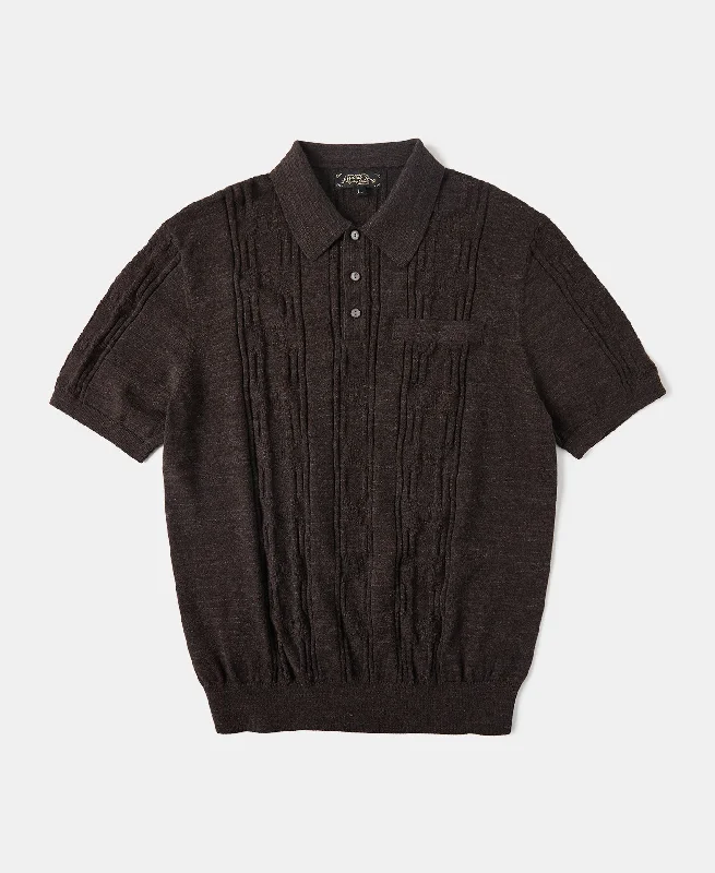 Men's ribbed cuffs and hem polo shirts for a textured look1960s Jacquard Slub Cotton Polo Shirt - Coffee Men's ribbed cuffs and hem polo shirts for a textured look1960s Jacquard Slub Cotton Polo Shirt - Coffee