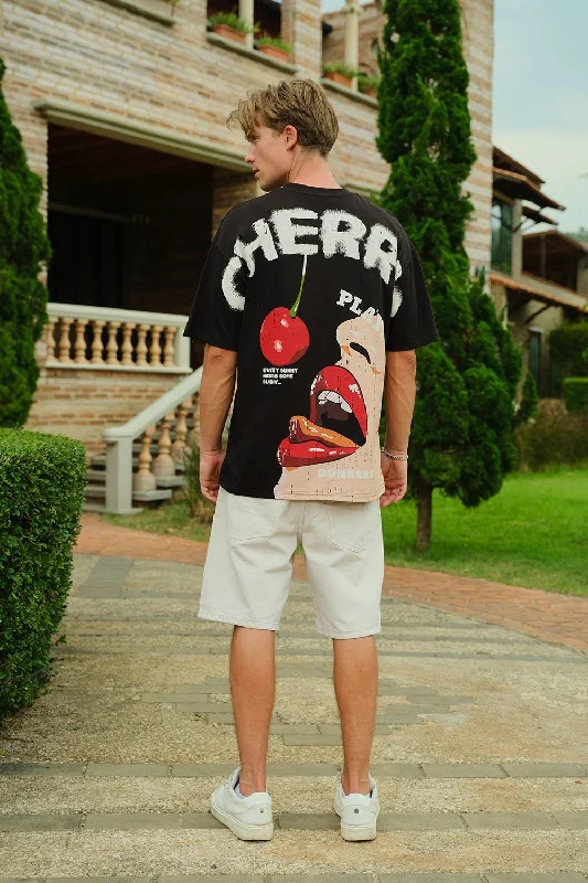 Men's button - front t - shirts with a unique artistic printCherry Playboy Oversized T-shirt Men's button - front t - shirts with a unique artistic printCherry Playboy Oversized T-shirt