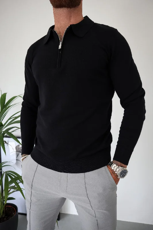 Men's high - collar polo shirts with a modern twistCapo Egyptian Cotton LS Zip Polo Shirt - Black