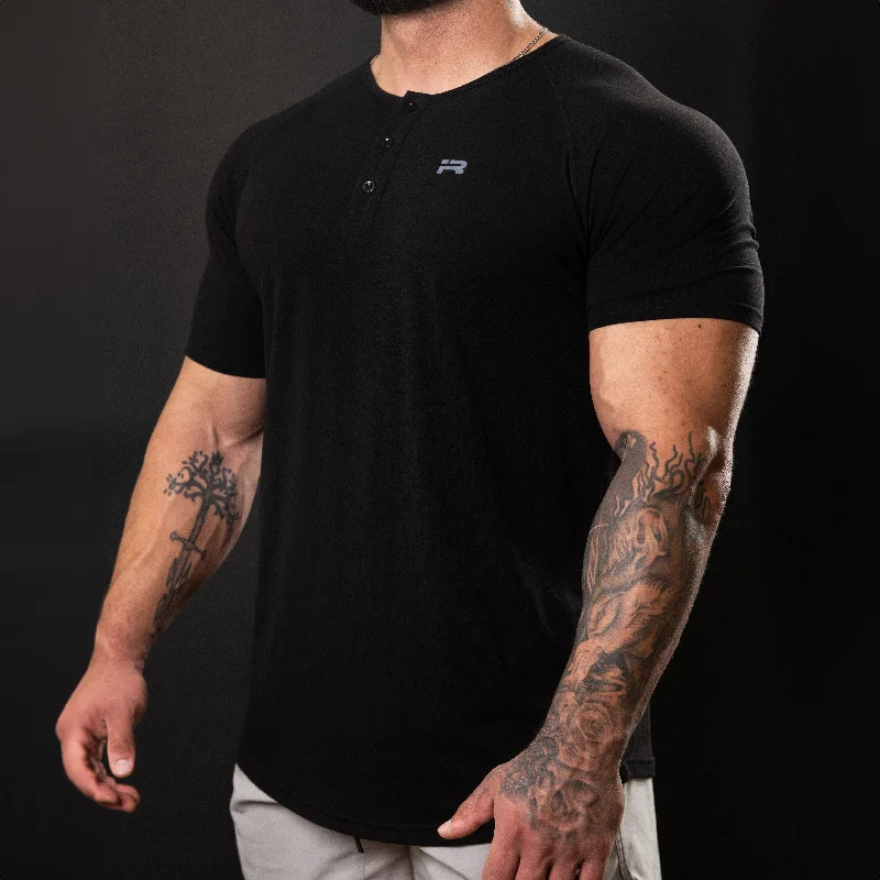ribbed tank tops for menElite Short Sleeve Henley (Black)
