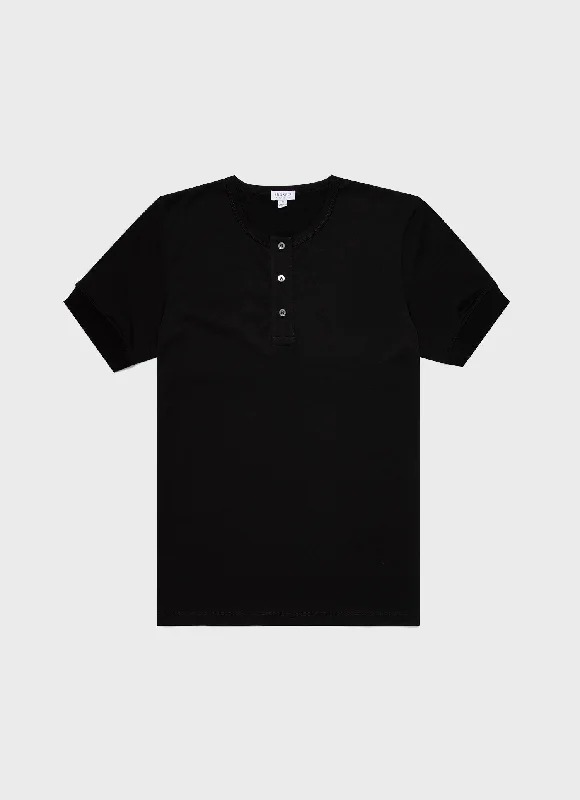 Men's short - sleeve linen t - shirts for summer beach outingsMen's Henley T-shirt in Black