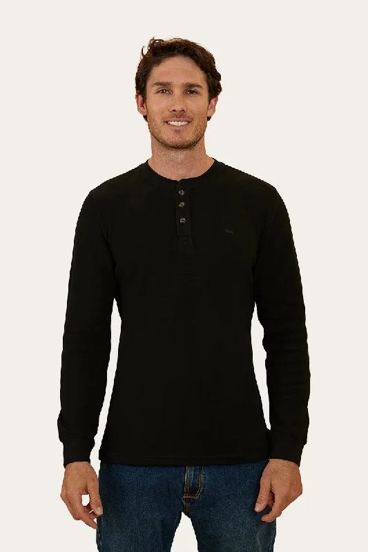 Men's button - front t - shirts with a unique artistic printKeith Mens Henley Long Sleeve T-Shirt - Black Men's button - front t - shirts with a unique artistic printKeith Mens Henley Long Sleeve T-Shirt - Black