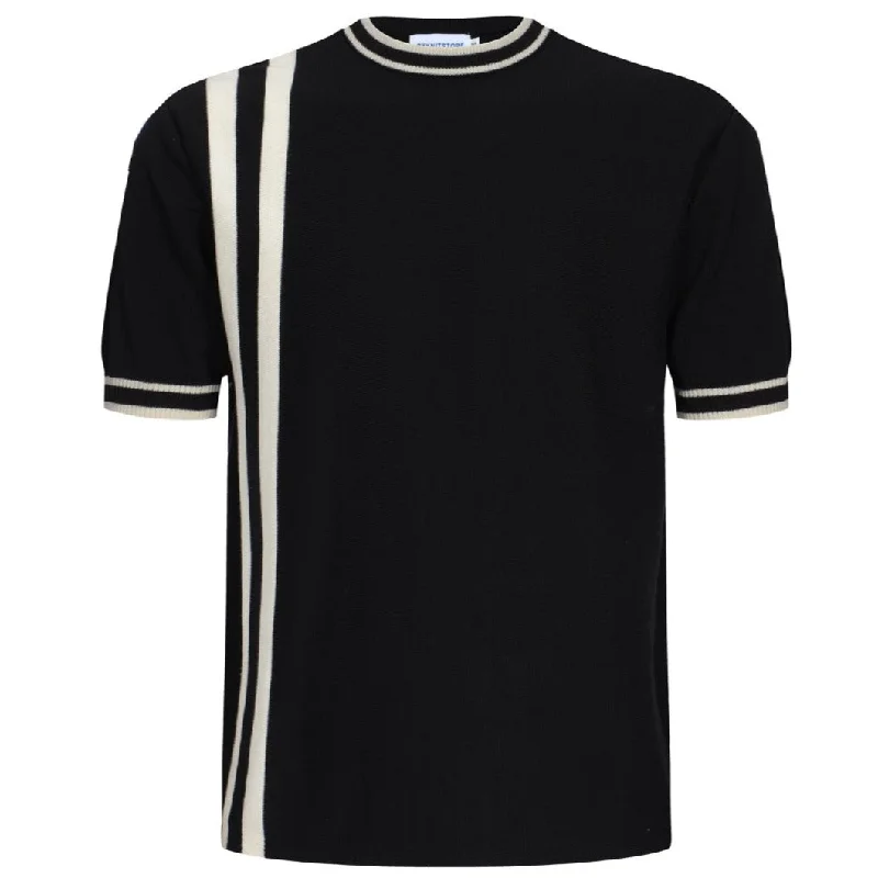 Men's ribbed t - shirts with a textured finish for added styleMen's Black Knitted T-Shirt With Double Racing Stripe