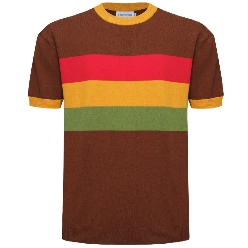 Men's polo t - shirts with a contrast collar for a preppy lookMen's Brown Knitted T-Shirt With Yellow Red & Green Stripe