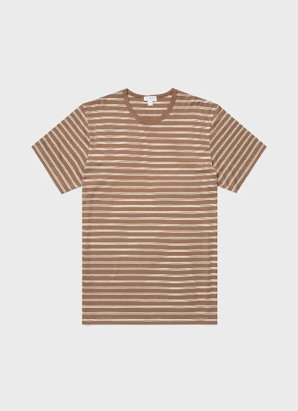 Men's mock - neck t - shirts with a modern and sleek styleMen's Classic T-shirt in Dark Sand/Ecru Tramline Stripe