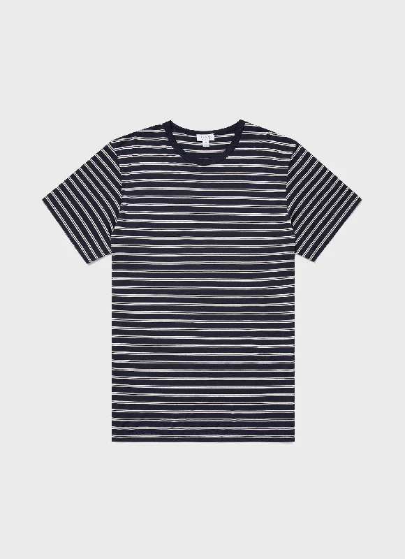 Men's smart - casual checkered t - shirts for semi - formal occasionsMen's Classic T-shirt in Navy/Ecru Tramline Stripe