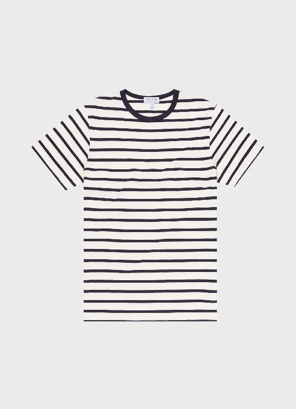 Men's antimicrobial t - shirts for odor - free freshness during travelMen's Classic T-shirt in Ecru/Navy Breton Stripe