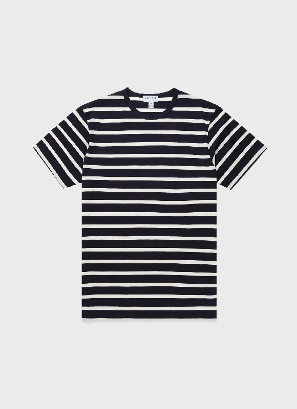 Men's button - front t - shirts with a unique artistic printMen's Classic T-shirt in Navy/Ecru Breton Stripe