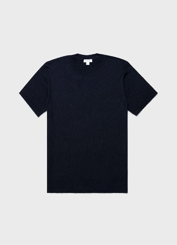 Men's tie - dye t - shirts with a bohemian styleMen's Fine Rib Silk Cotton T-shirt in Navy