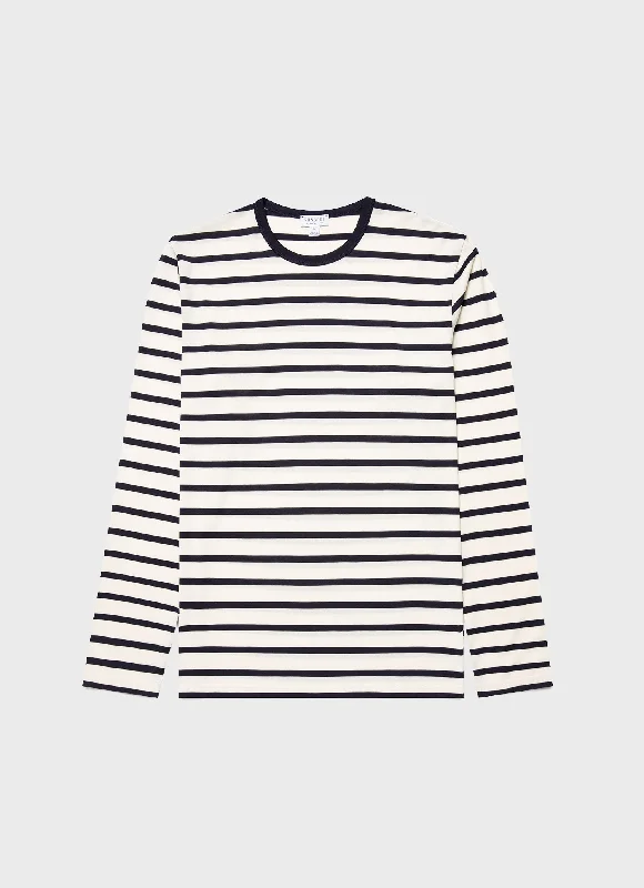 Men's thermal t - shirts with a high - neck design for cold weatherMen's Long Sleeve Classic T-shirt in Ecru/Navy Breton Stripe