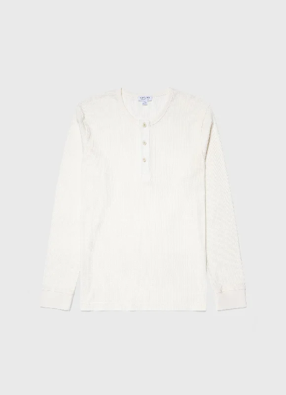 Men's ribbed t - shirts with a textured finish for added styleMen's Long Sleeve Waffle Henley in Ecru