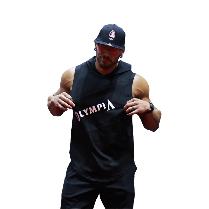 men's tank tops with racerbackOlympia Black Sleeveless Hoodie 3 Panel