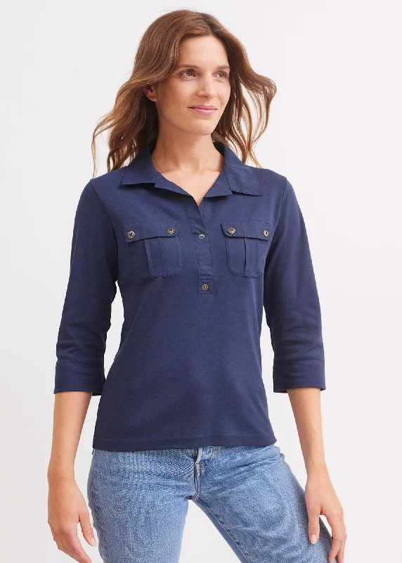 Men's luxury cashmere blend polo shirts in solid colorsPolo manches 3/4 Oléron - en coton, avec poches (MARINE) Men's luxury cashmere blend polo shirts in solid colorsPolo manches 3/4 Oléron - en coton, avec poches (MARINE)