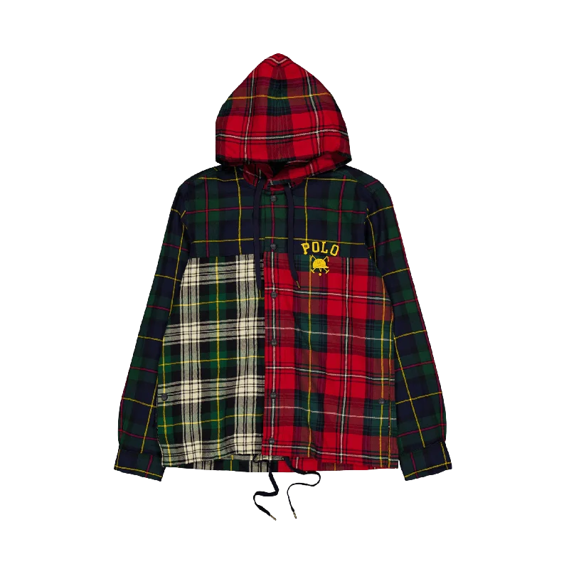 Men's vintage - inspired retro polo shirts with unique patternsPlaid Patchwork Hooded Shirt Jacket 3427B Equestrian Tartan Piecng Men's vintage - inspired retro polo shirts with unique patternsPlaid Patchwork Hooded Shirt Jacket 3427B Equestrian Tartan Piecng