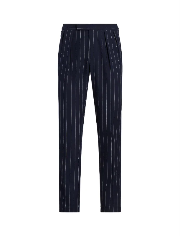 Men's two - tone stripe polo shirts with a preppy stylePolo Ralph Lauren Pleated Pinstripe Trouser Navy/Cream Men's two - tone stripe polo shirts with a preppy stylePolo Ralph Lauren Pleated Pinstripe Trouser Navy/Cream