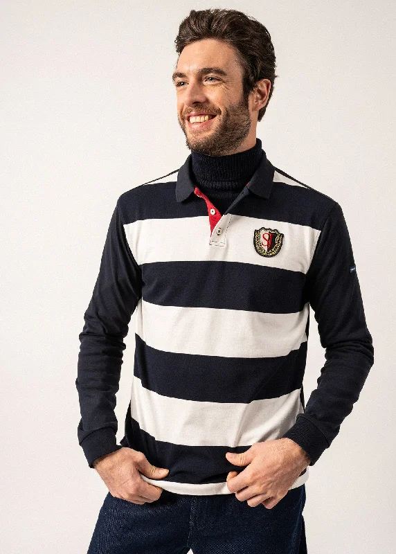 Men's stretchable athletic polo shirts for fitness workoutsPolo rayé style rugby Pierrot - à manches longues, écusson SAINT JAMES (AMIRAL/ECUME) Men's stretchable athletic polo shirts for fitness workoutsPolo rayé style rugby Pierrot - à manches longues, écusson SAINT JAMES (AMIRAL/ECUME)