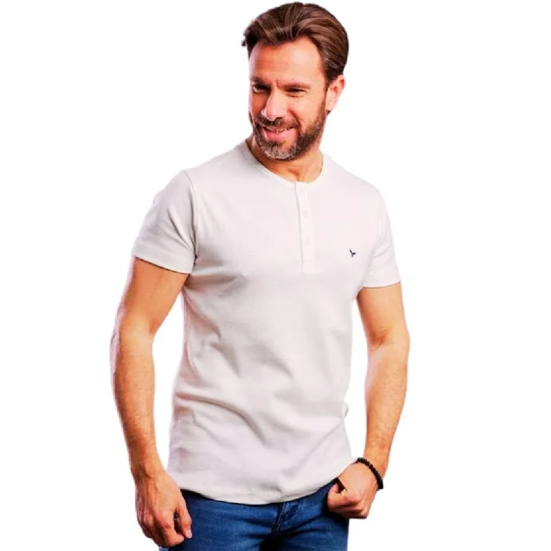 Men's v - neck muscle t - shirts for a body - building aestheticPlain Short-sleeve O-neck Body with a buttons-Ecru