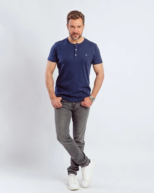 Men's eco - friendly recycled t - shirts for sustainable fashion choicesPlain Short-sleeve O-neck Body with a buttons-Navy