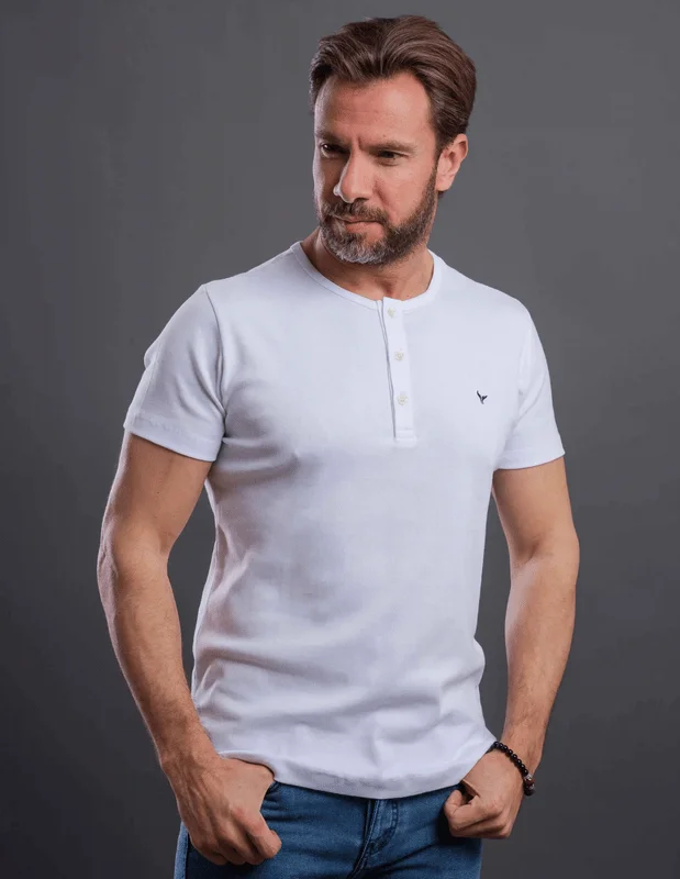Men's distressed denim - look t - shirts with a rugged appealPlain Short-sleeve O-neck Body with a buttons-White