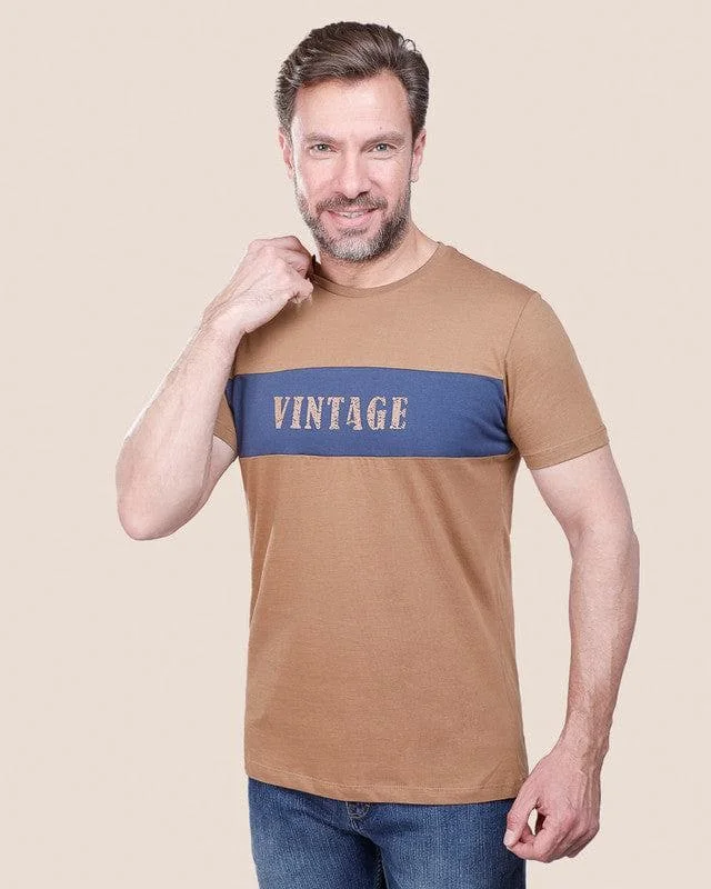Men's long - sleeve henley t - shirts with button - down placketsRound Neck Printed T-Shirt - Camel