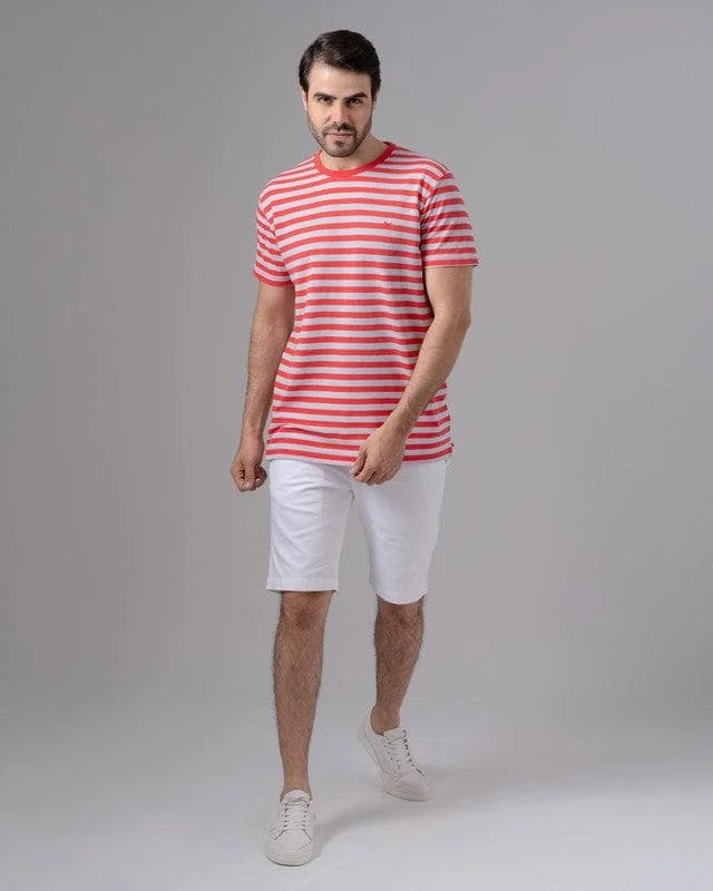 Men's polo t - shirts with a contrast collar for a preppy lookSTRIPED ROUND NECK PIQUE T-SHIRT - MELON