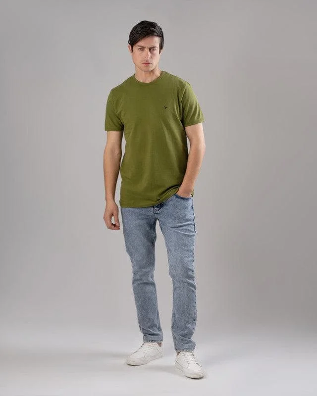Men's button - front t - shirts with a unique artistic printSHORT SLEEVE SLIM T-SHIRT - OLIVE