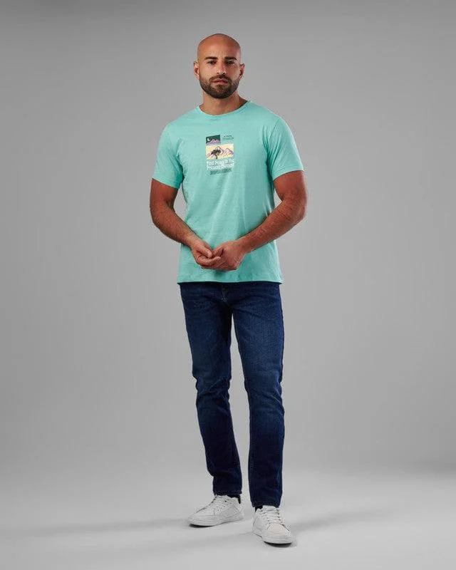 Men's button - front t - shirts with a unique artistic printROUND NECK PRINTED T-SHIRT - TURQUOISE