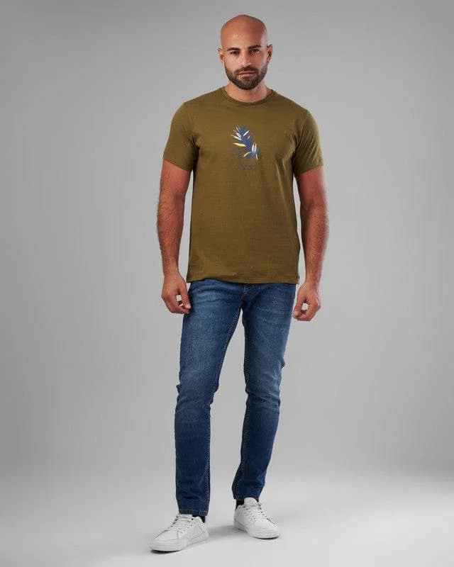 Men's smart - casual checkered t - shirts for semi - formal occasionsROUND NECK PRINTED T-SHIRT - DARK OLIVE
