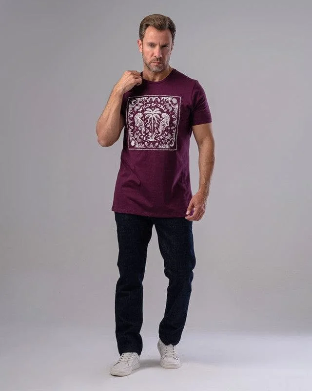 Men's eco - friendly recycled t - shirts for sustainable fashion choicesEMBROIDERED ROUND NECK T-SHIRT - BURGUNDY Men's eco - friendly recycled t - shirts for sustainable fashion choicesEMBROIDERED ROUND NECK T-SHIRT - BURGUNDY