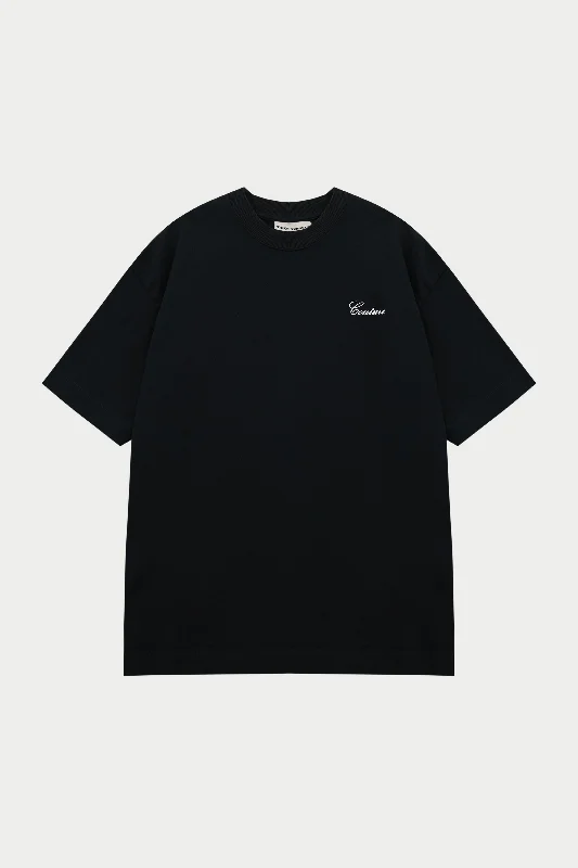 Men's v - neck muscle t - shirts for a body - building aestheticSCRIPT EMBROIDERED T-SHIRT - BLACK