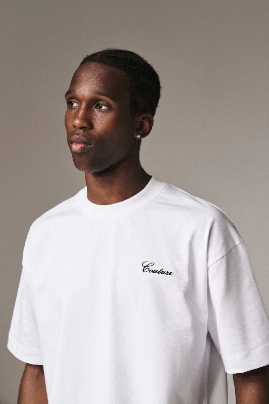 Men's printed Hawaiian t - shirts for tropical vacationsSCRIPT EMBROIDERED T-SHIRT - WHITE