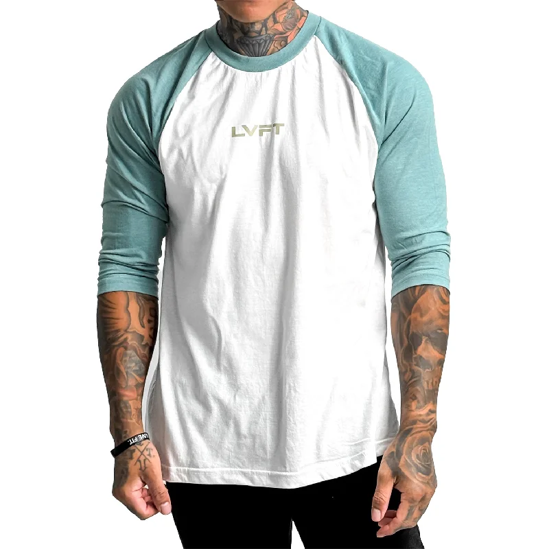 Men's slim - fit graphic t - shirts with vintage rock band printsSlate Raglan Tee - Teal White