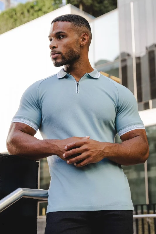 Men's long sleeve classic fit polo shirts with embroidered logosStripe Tipped Zip Neck Polo Shirt in Aqua Men's long sleeve classic fit polo shirts with embroidered logosStripe Tipped Zip Neck Polo Shirt in Aqua