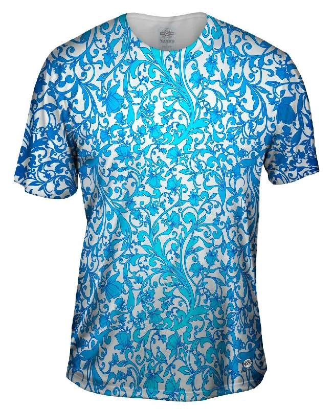 Men's eco - friendly recycled t - shirts for sustainable fashion choicesSwirl Flower Navy Turquoise Pattern
