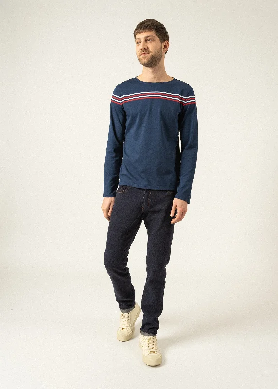 Men's luxury cashmere blend polo shirts in solid colorsT-shirt à manches longues à rayures placées - SAINT JAMES x Elysée (MARINE/TULIPE/NEIGE) Men's luxury cashmere blend polo shirts in solid colorsT-shirt à manches longues à rayures placées - SAINT JAMES x Elysée (MARINE/TULIPE/NEIGE)