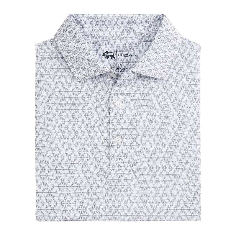 Men's budget - friendly basic polo shirts in multiple colorsTents Printed Performance Polo - White Men's budget - friendly basic polo shirts in multiple colorsTents Printed Performance Polo - White