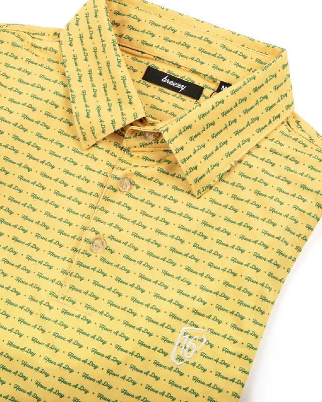 Men's jacquard woven polo shirts with intricate designsWM Phoenix Open x Breezy Have a Day Yellow Polo Men's jacquard woven polo shirts with intricate designsWM Phoenix Open x Breezy Have a Day Yellow Polo