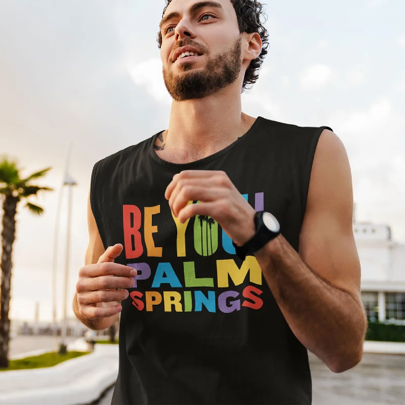 Men's thermal t - shirts with a high - neck design for cold weatherUnisex Sleeveless T-shirt - 2024 Palm Springs Pride Be You - Black