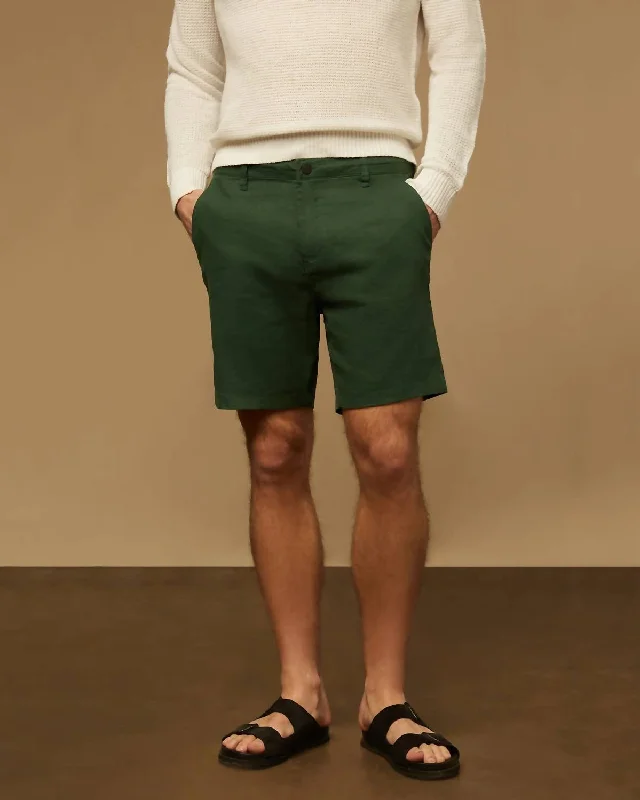 Men's Workout Shorts with a Zip Pocket in Green for Secure Storage during ExerciseMen Stretch Linen Traveler Short In Forest Green Men's Workout Shorts with a Zip Pocket in Green for Secure Storage during ExerciseMen Stretch Linen Traveler Short In Forest Green