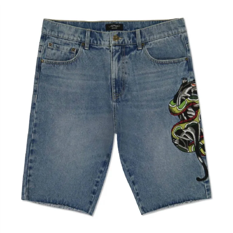 Men's Board Shorts with a Tropical Print in Blue for Beach GetawaysMen's Panther Snake Denim Skater Short In Medium Vintage Men's Board Shorts with a Tropical Print in Blue for Beach GetawaysMen's Panther Snake Denim Skater Short In Medium Vintage