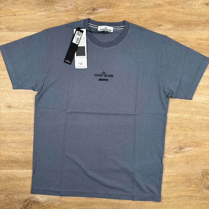 Men's ribbed t - shirts with a textured finish for added styleStone Island Archivio Print T-Shirt in Mid Blue Men's ribbed t - shirts with a textured finish for added styleStone Island Archivio Print T-Shirt in Mid Blue