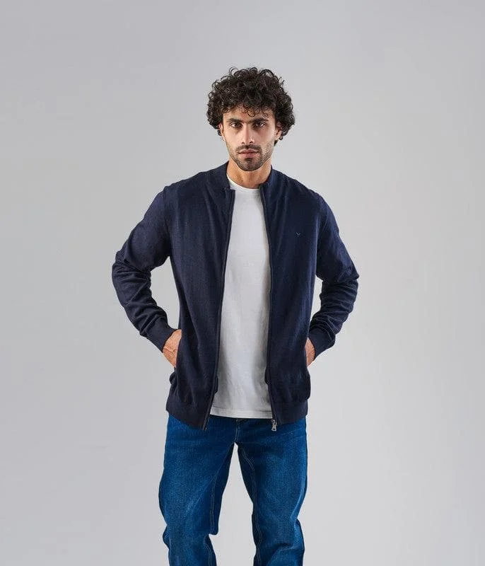 Men's Metallic - Trimmed Pullover in Silver for a Glamorous Party OutfitZip-Up Straight-Fit Sweater - DARK NAVY Men's Metallic - Trimmed Pullover in Silver for a Glamorous Party OutfitZip-Up Straight-Fit Sweater - DARK NAVY